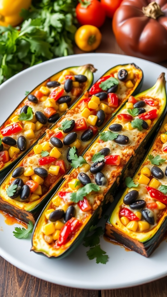 Stuffed zucchini boats with black beans and corn, garnished with cilantro, on a wooden table.
